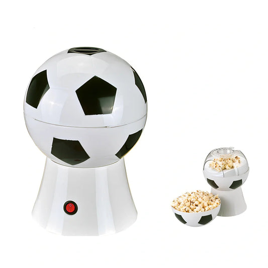 Football-shaped electric popcorn machine with automatic collector, 220V plug, and measuring lid for 50g corn portions