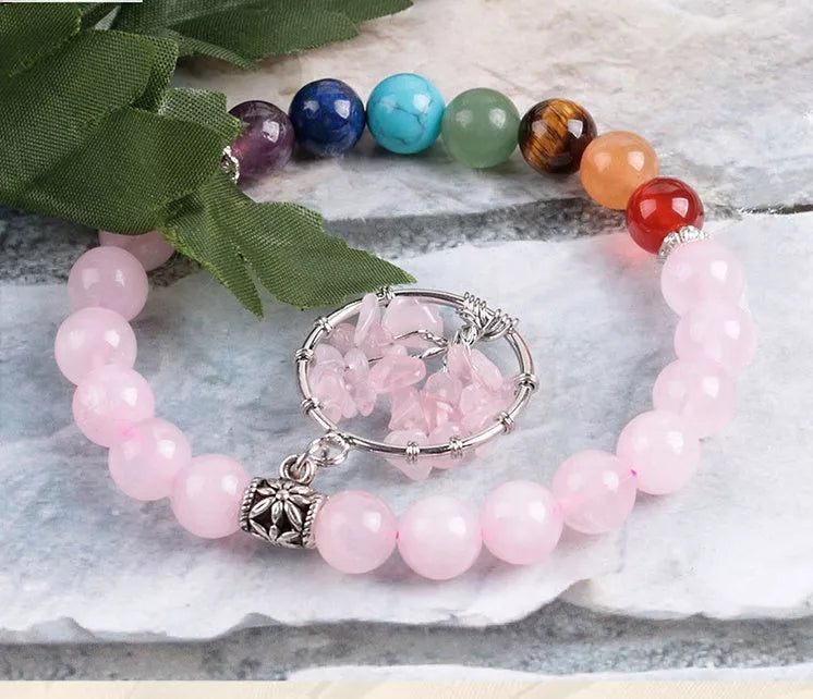 Crystal beaded bracelet with seven chakras or powder crystal options, 8mm beads, 18.8 cm length