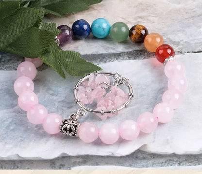 Crystal beaded bracelet with seven chakras or powder crystal options, 8mm beads, 18.8 cm length