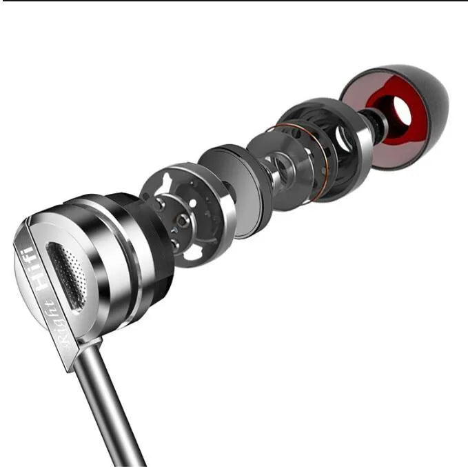 Black and silver metal in-ear headphones with tangle-free cable and inline microphone remote.
