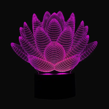Modern white lotus-shaped LED night light with touch control on a wooden surface.