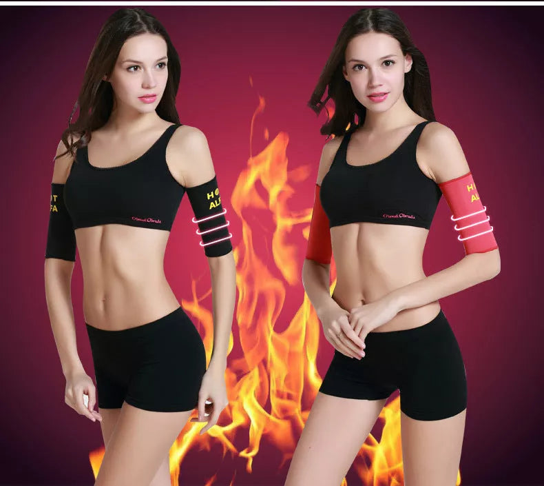 Women's Sauna Arm Slimming Sleeve Wraps in black and red for weight loss and arm shaping