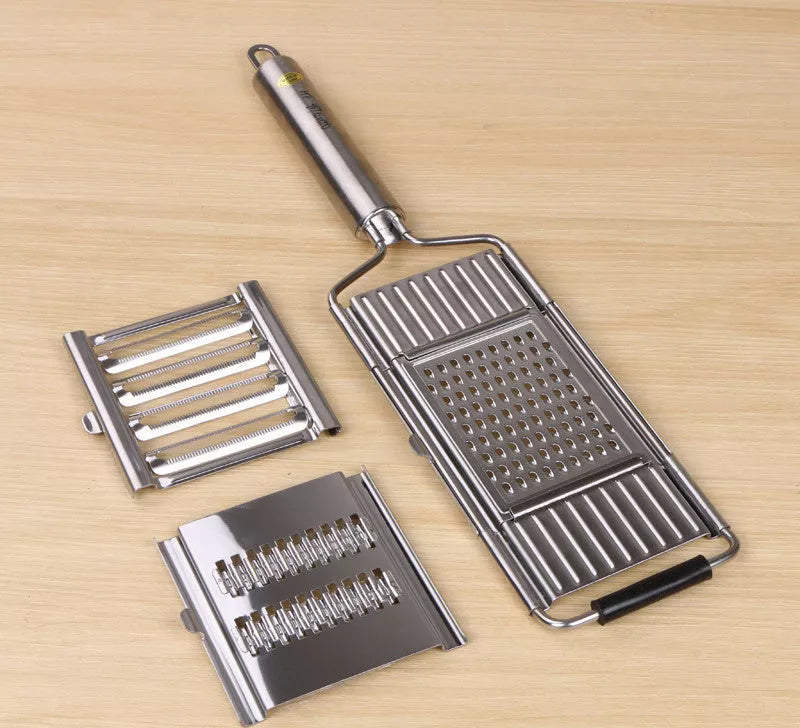 Stainless steel grater and slicer set with non-slip handle for efficient kitchen prep
