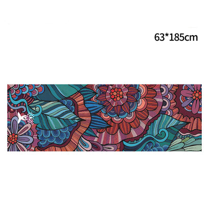 Blue anti-slip yoga mat with superfine fibre surface showing 65x185cm dimensions and 0.4mm thickness