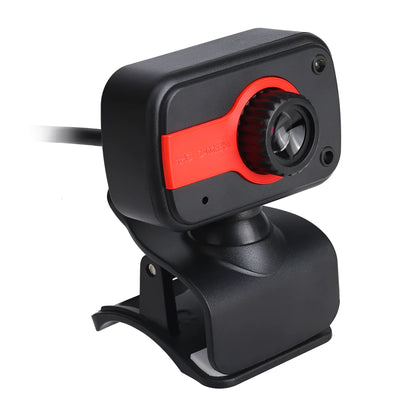 Blue, red, or white mini USB webcam on a stand with a 360-degree rotating head and manual focus adjustment.