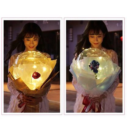 Transparent LED luminous balloon rose bouquet with artificial flowers and illuminated lights