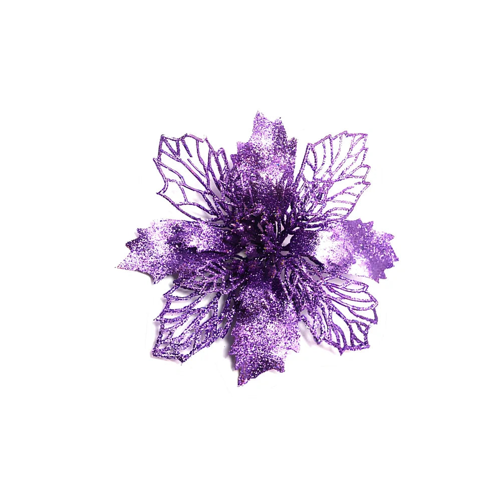 Glitter artificial Christmas flowers measuring 11cm with sparkling coating in various colour options