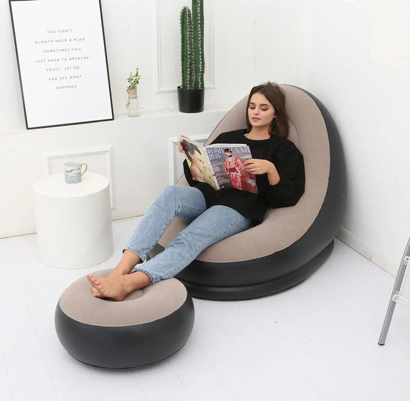 Inflatable Flocking Sofa in various colors, showcasing ergonomic design and portability
