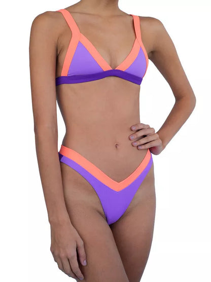 Bikini fashion split swimsuit in pale pinkish purple and blue, made from 100% nylon
