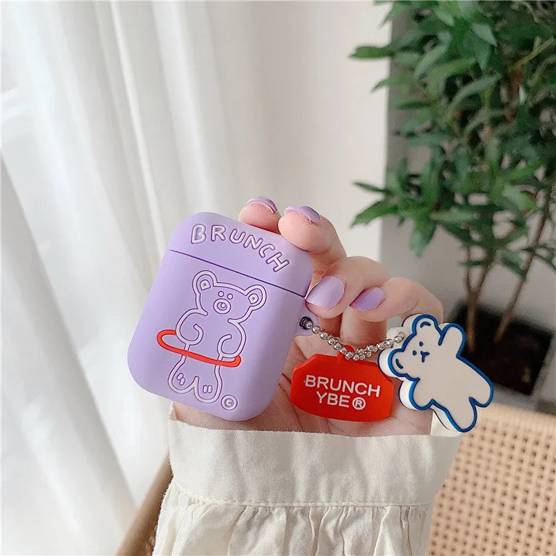 Silicone flip case for AirPods Pro and AirPods 1 2 3 generation with hula hoop bear design and pendant