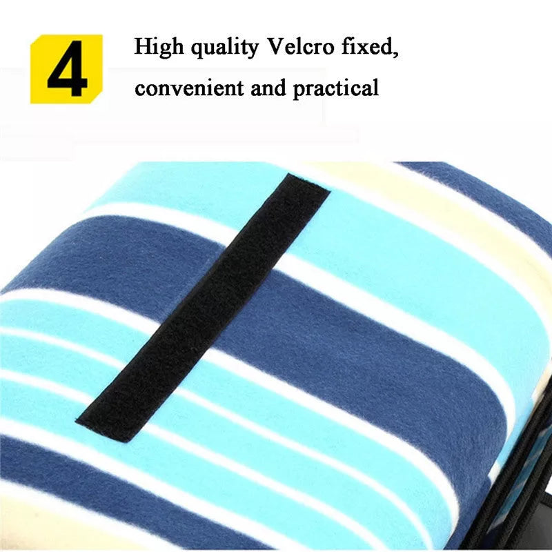 Folding Suede Picnic Moisture-proof Mat in blue stripes, unfolded on grass