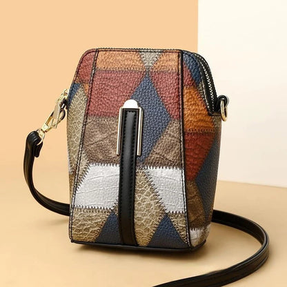 Premium PU leather shoulder bag with trendy stitching details, available in irregular blue with brown or black color options