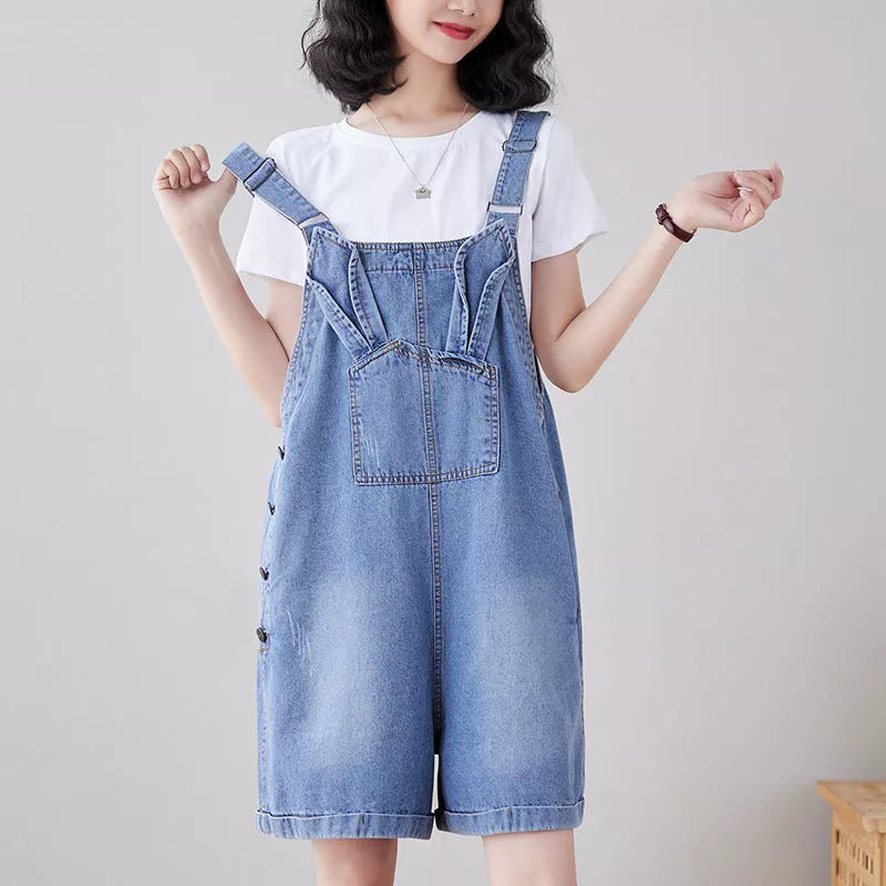 Denim loose straight strap pants with adjustable suspenders in dark blue and light blue