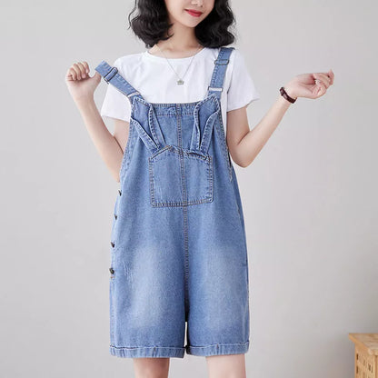 Denim loose straight strap pants with adjustable suspenders in dark blue and light blue