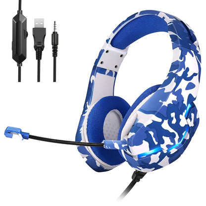 Blue and white camouflage wired gaming headset with cloth earmuffs and a braided cable.