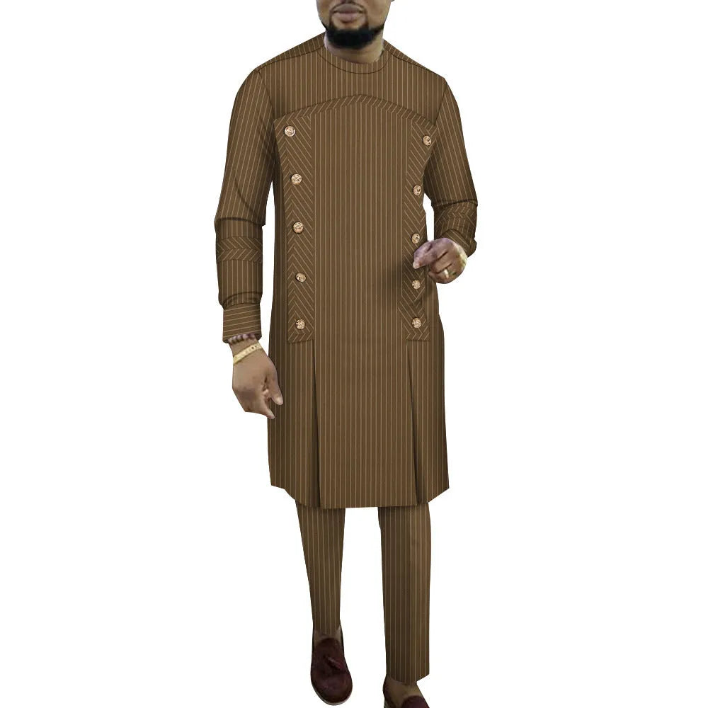 African-inspired striped cotton robe two-piece set for men showing top and trousers in multiple colour variations