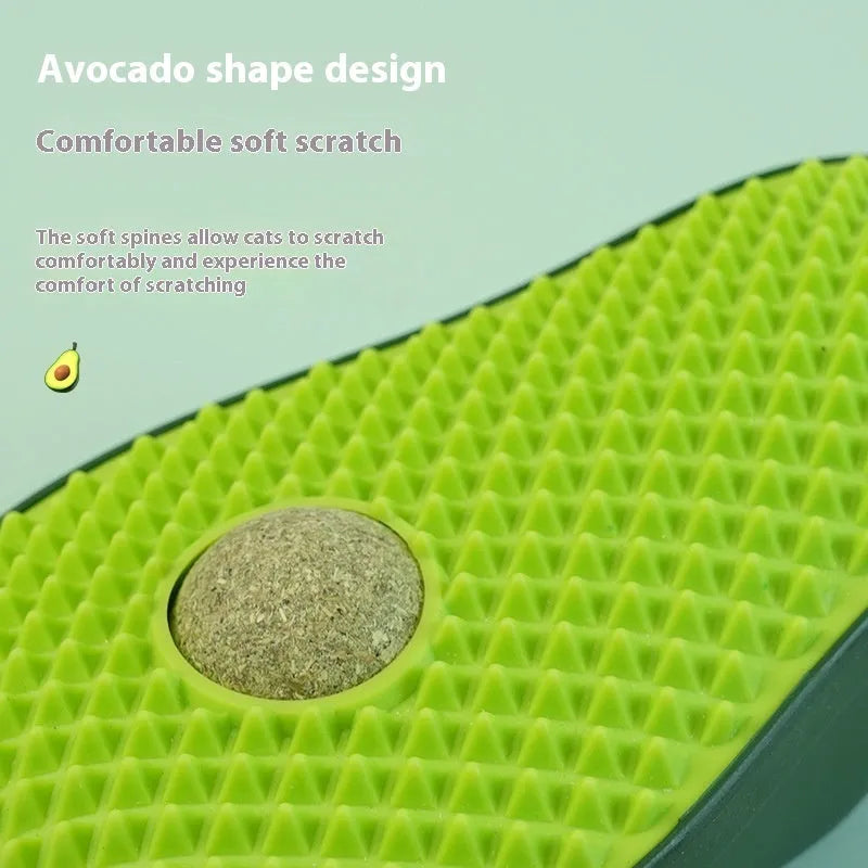Green avocado-shaped cat toy with a central scratching post for cats.