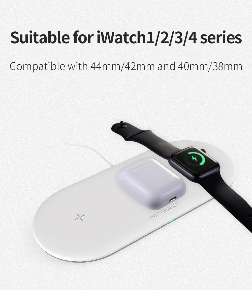 Black and white three-in-one desktop wireless charger for Apple iPhone, Watch, and headphones.