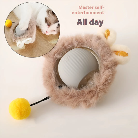 Plush silicone rolling ball cat toy in red, green, and grey colour options for feline self-play entertainment