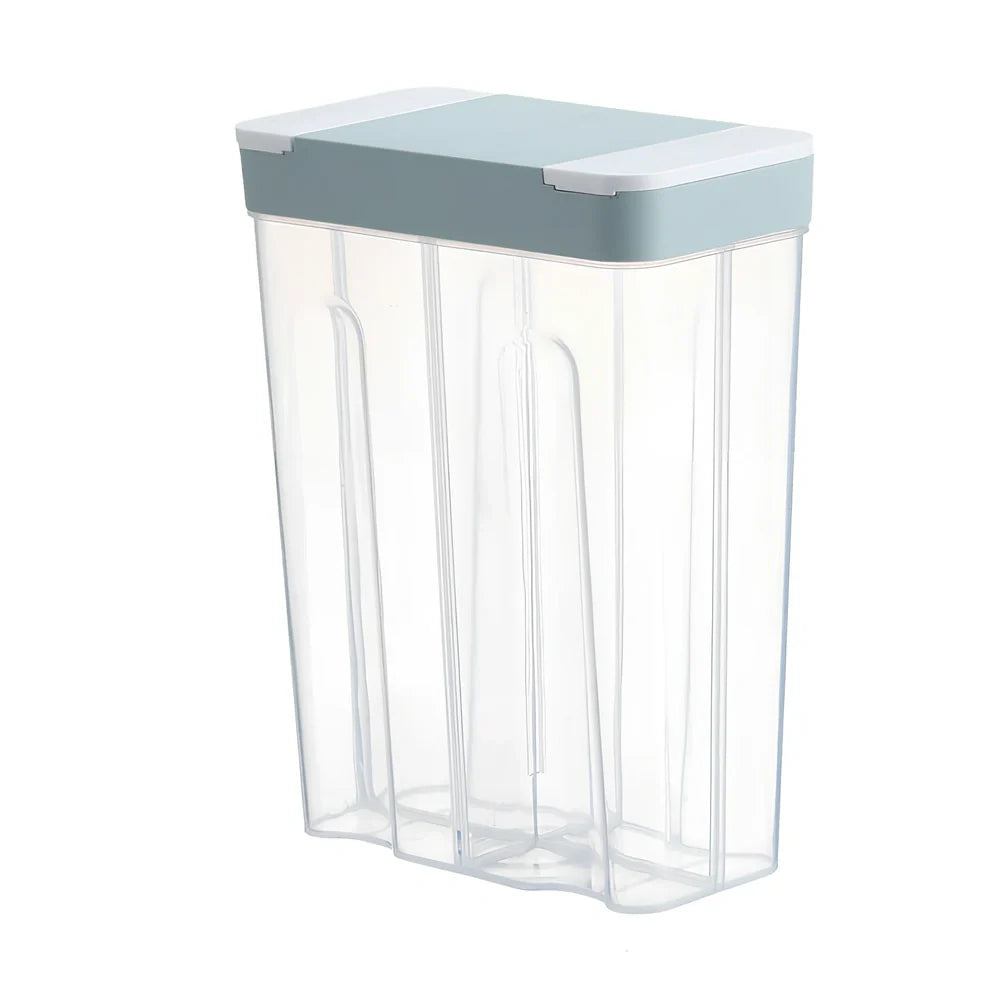 Clear plastic food storage box with measuring scale and blue lid
