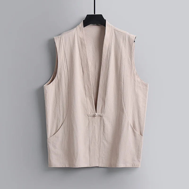 Men's solid colour linen sleeveless vest in loose fit for summer wear