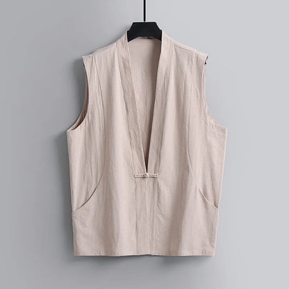 Men's solid colour linen sleeveless vest in loose fit for summer wear