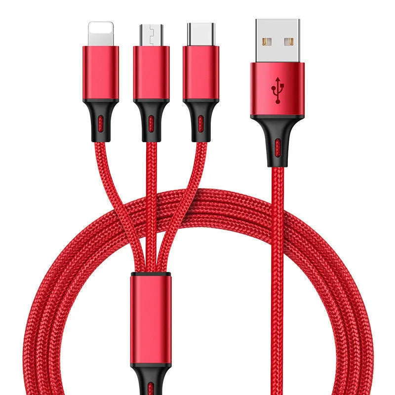 Red 3-in-1 braided charging cable with iPhone, Android and Type-C connectors shown at 1.25 metre length