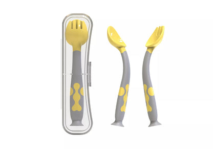 Adjustable baby spoon and fork set in blue, purple, pink, or yellow for easy self-feeding