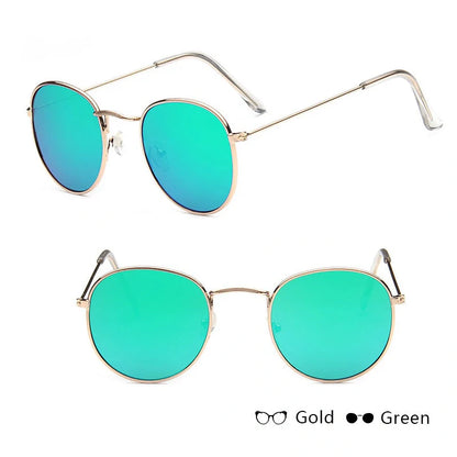 Stylish women's retro sunglasses with round frame and metal finish