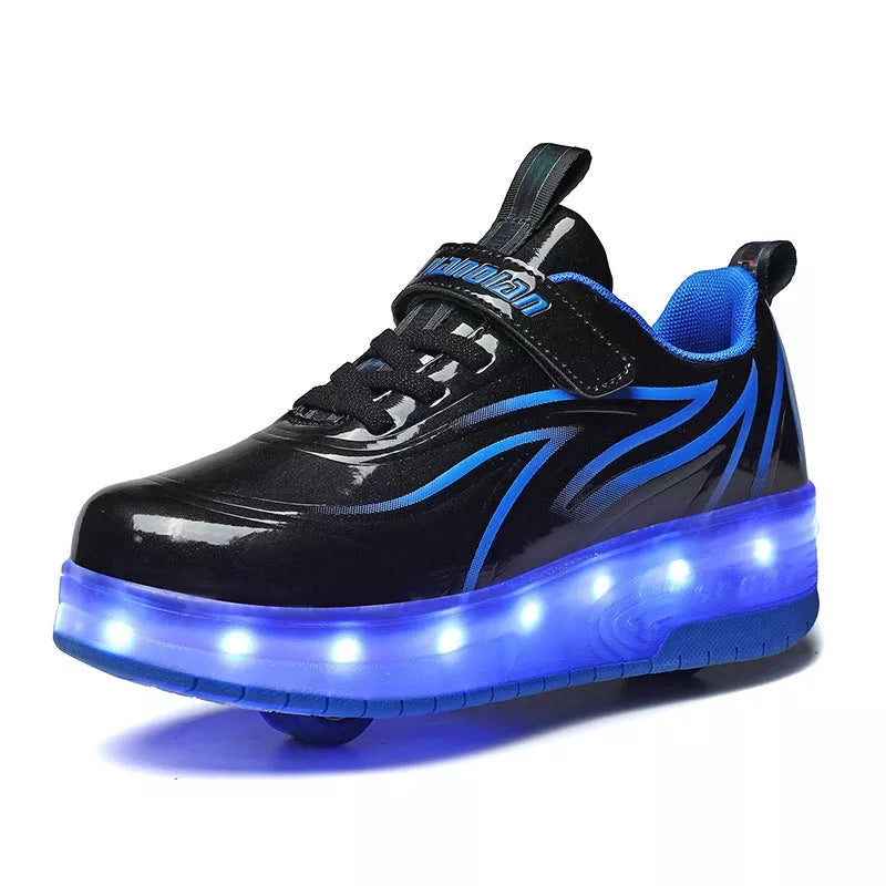 Light Charging Pulley Shoes with Double Wheels in Black Blue, White Black, and White Powder