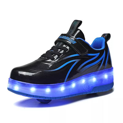 Light Charging Pulley Shoes with Double Wheels in Black Blue, White Black, and White Powder