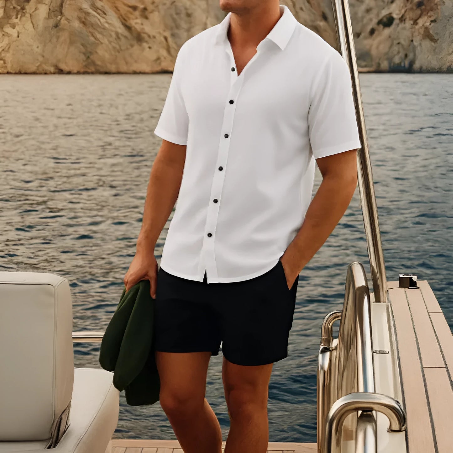 Men's waffle texture short sleeve shirt and shorts set in casual summer style