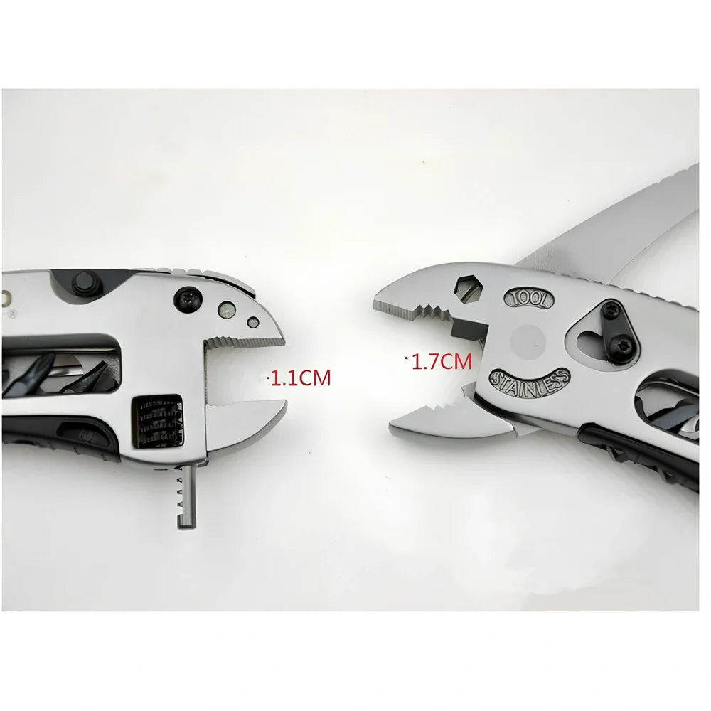 Multi-tool adjustable wrench in stainless steel, folded to 121.45 mm size
