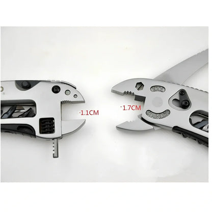 Multi-tool adjustable wrench in stainless steel, folded to 121.45 mm size
