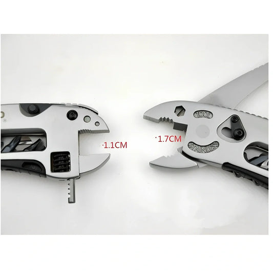 Multi-tool adjustable wrench in stainless steel, folded to 121.45 mm size