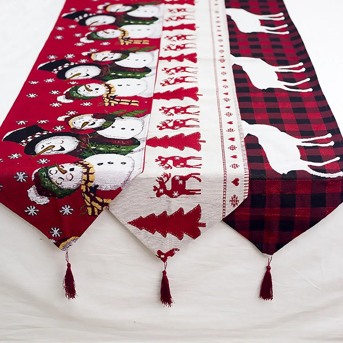 Christmas Elk Snowman Table Runner with festive design for holiday decor