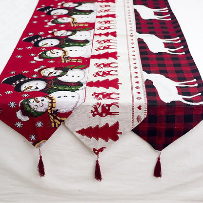Christmas Elk Snowman Table Runner with festive design for holiday decor