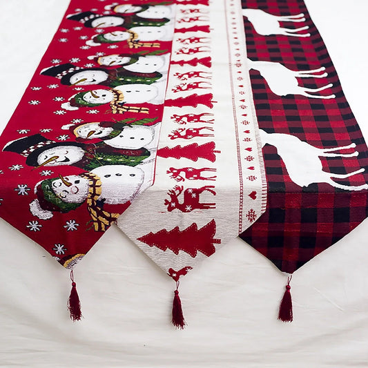 Christmas Elk Snowman Table Runner with festive design for holiday decor