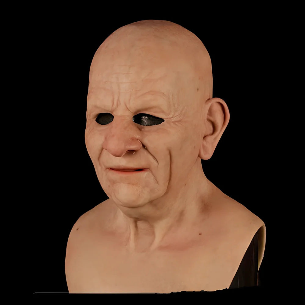 Latex old man Halloween mask with white hair and beard showing realistic facial wrinkles