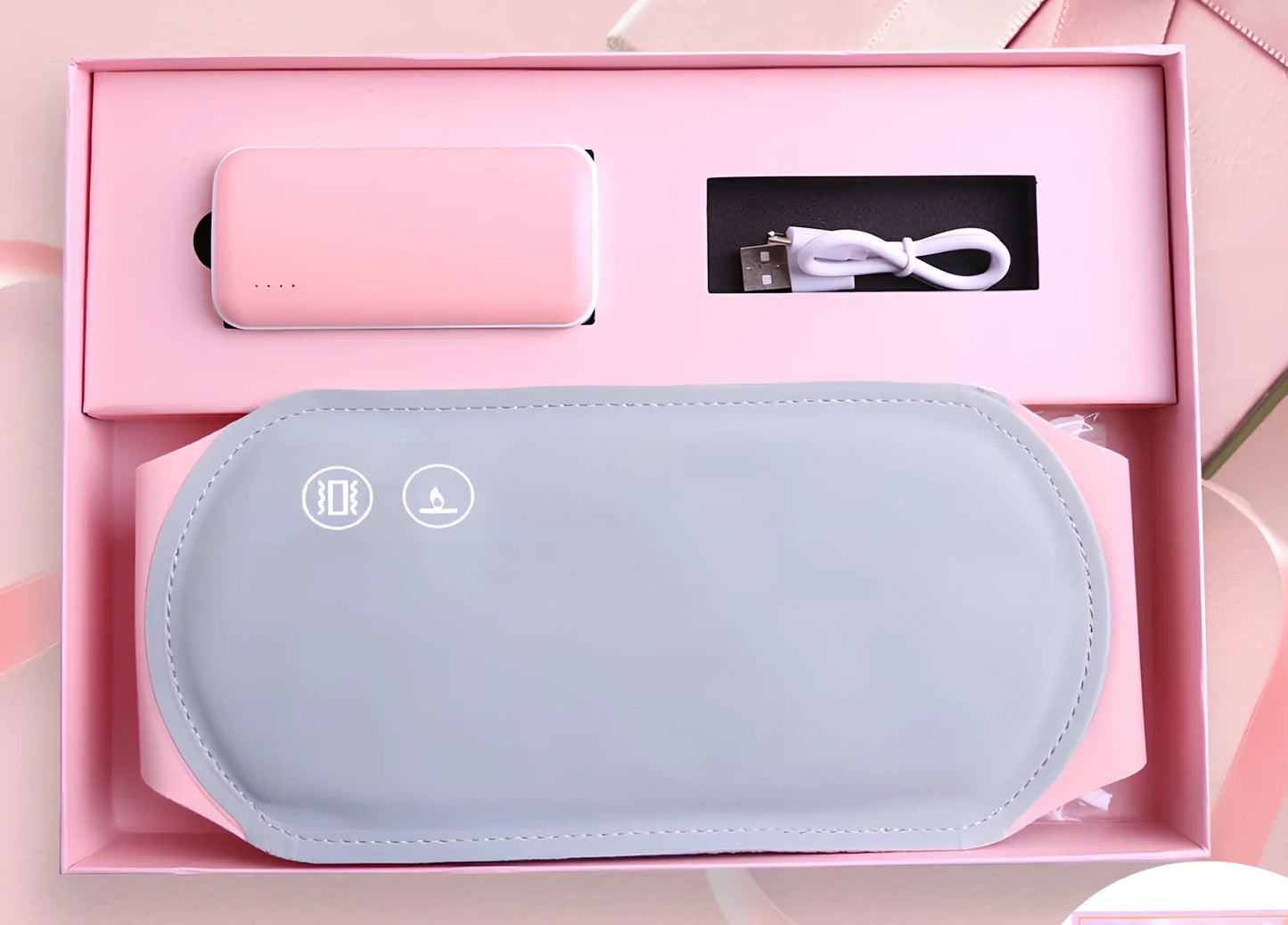 Pink Warm Heart Heating Belt with temperature control buttons and LED indicators on Lycra fabric surface