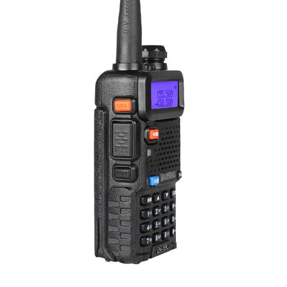 Black walkie talkie with LCD display showing 128 channels, compact dimensions of 110x58x32mm.