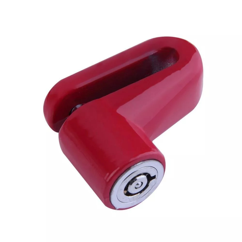 Steel anti-theft disc brake rotor lock for bicycles and motorcycles in red, blue, or black