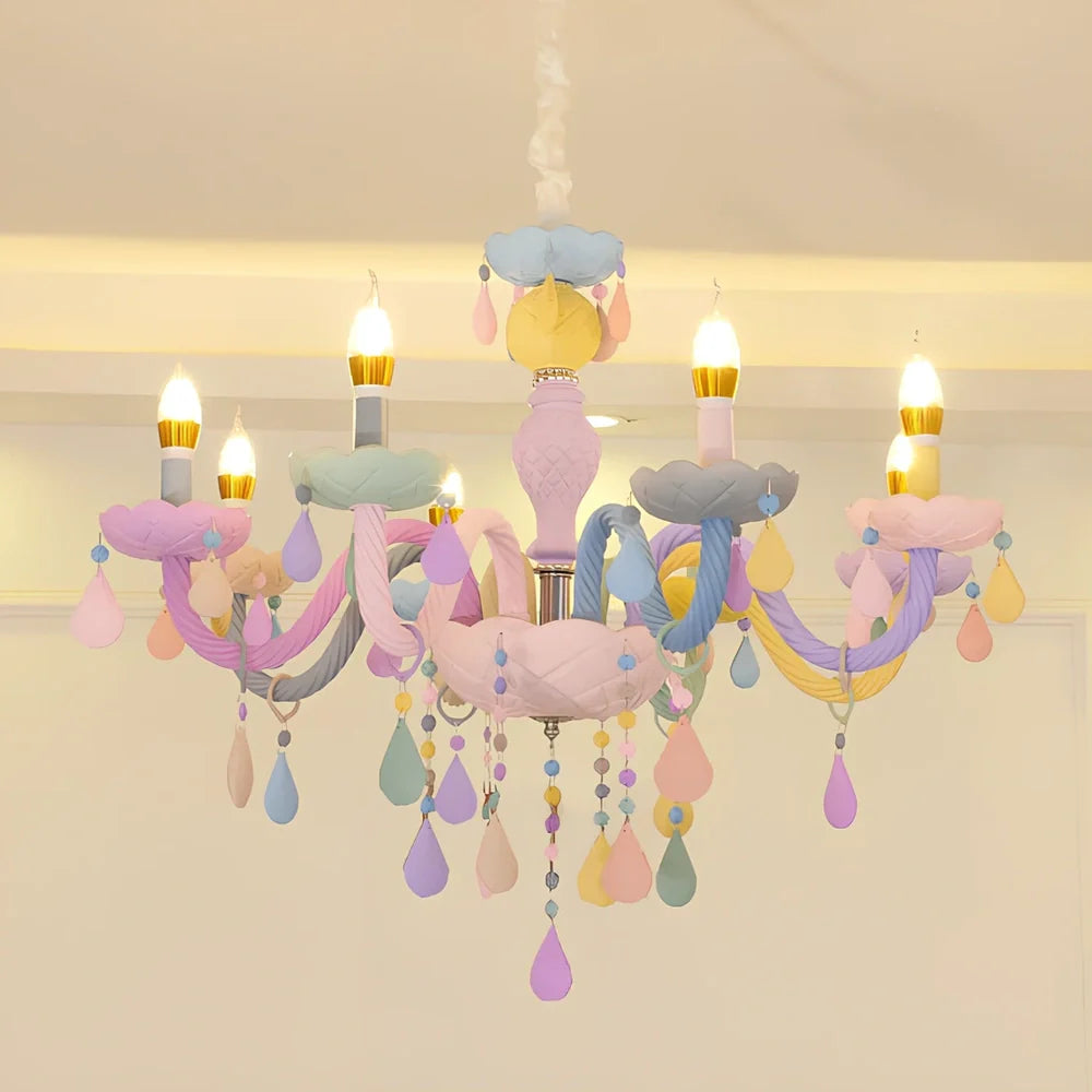 Macaron crystal glass pendant lamp with multiple heads providing bedroom illumination