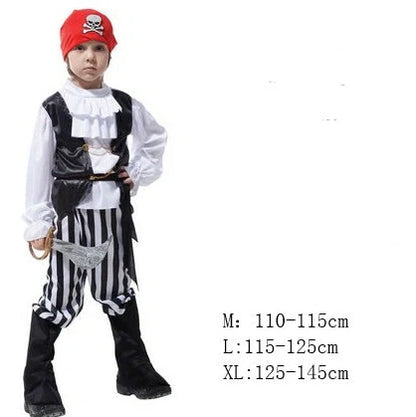 Halloween children's pirate costume with multiple character options and sizing guidance