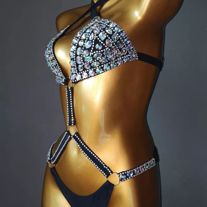 Diamond chain bikini in nylon, available in pink, white, black, sizes S, M, L