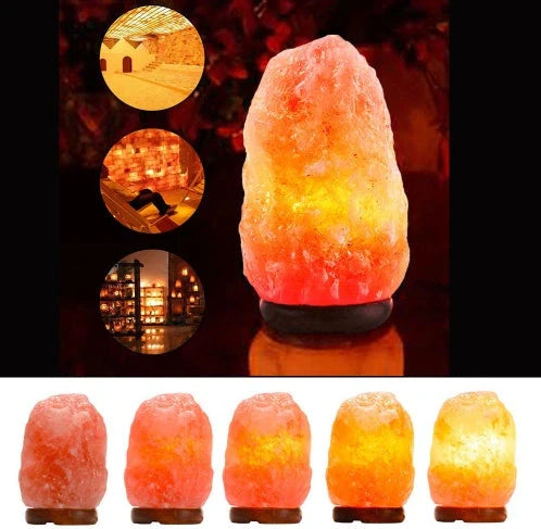 Natural rose crystal salt lamp with rock salt base and soothing glow