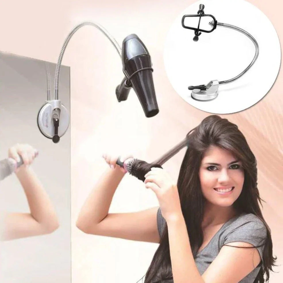 Stainless steel hair dryer holder with suction cup base showing 360-degree rotation capability