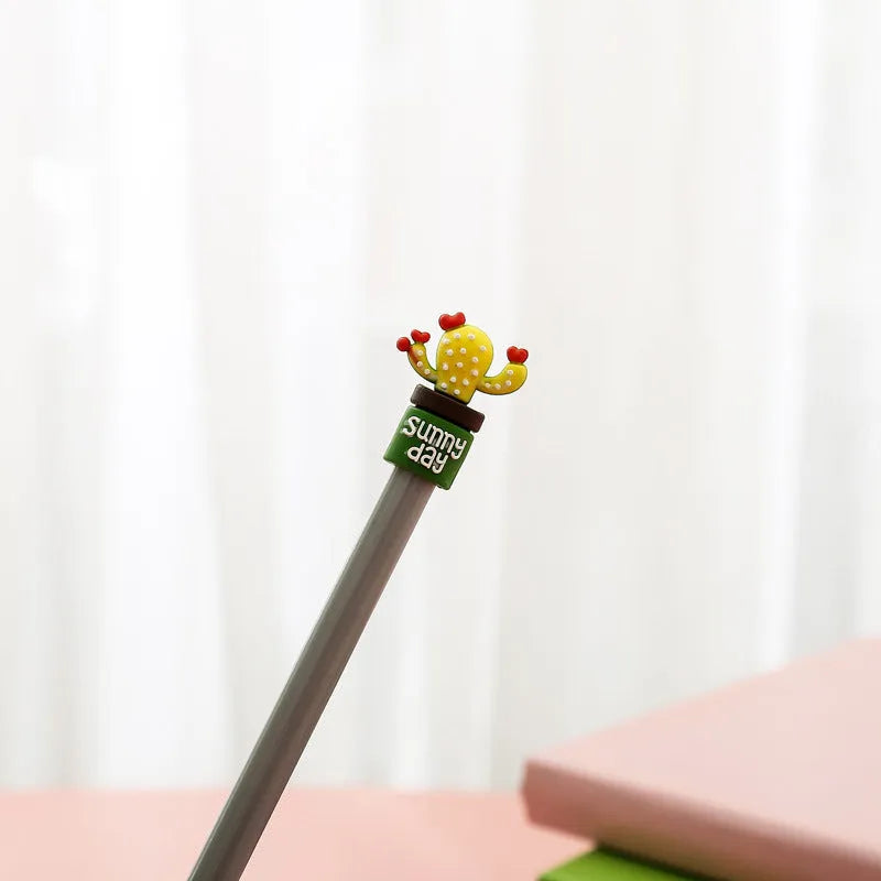 Potted cactus gel pen with silicone pot base, 0.5mm refill, approximately 18.5cm long, shown in Blue or Green.