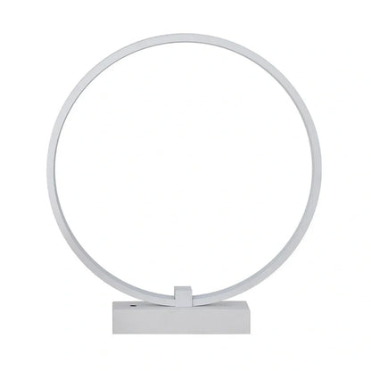 White circular LED bedside lamp with 25cm diameter on iron base showing warm white illumination