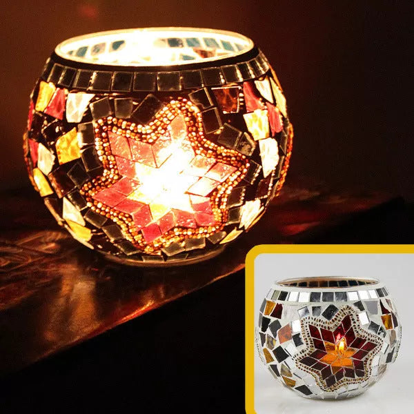 Mosaic glass candle holder in vibrant colors with elegant mosaic pattern